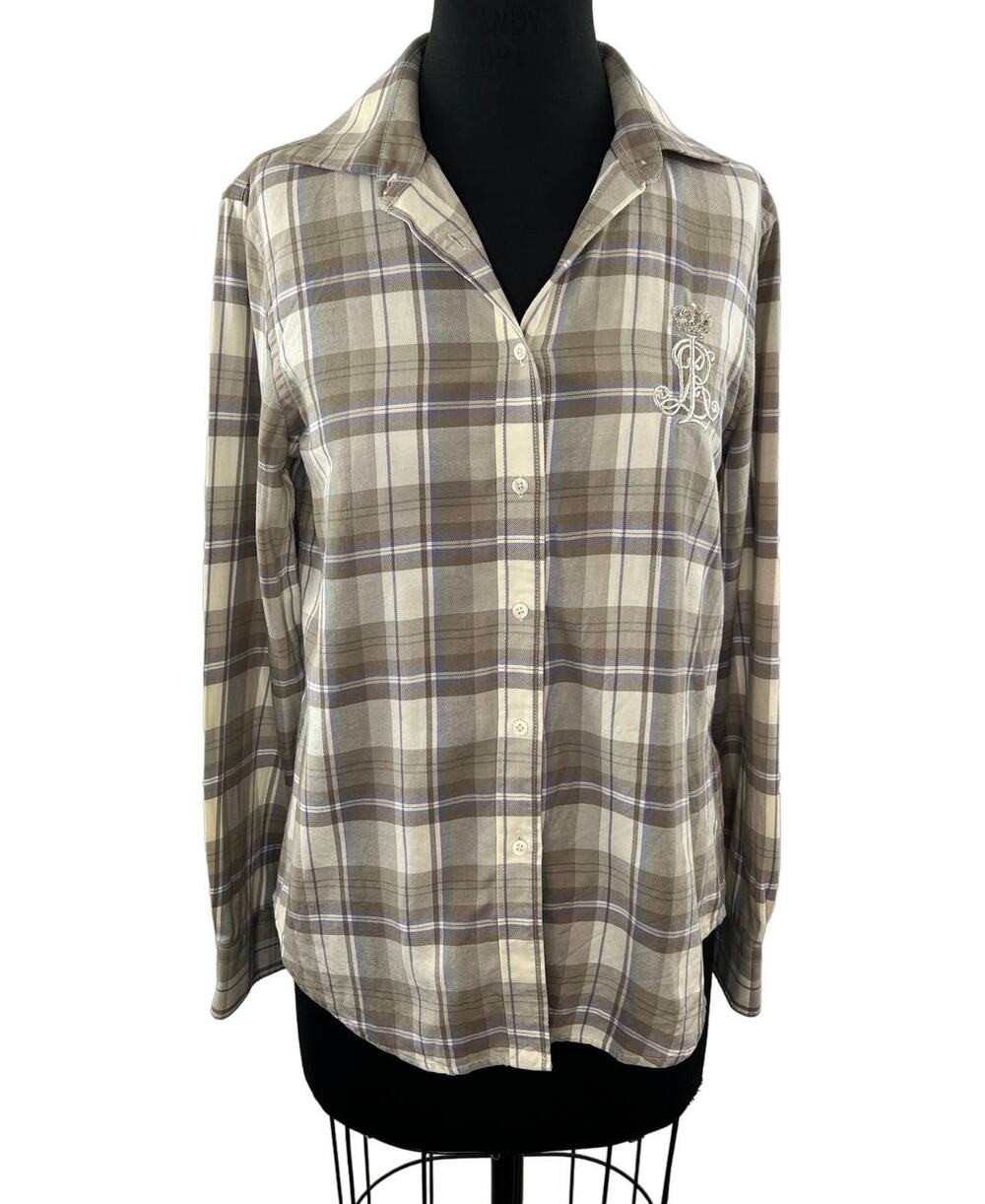 Lauren Ralph Lauren Beige Purple Plaid Cotton Button-Up Shirt RLL Embroidered M